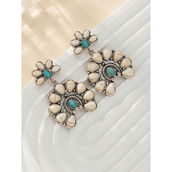 Silver White Buffalo Blue Turquoise Western Southwest Earrings